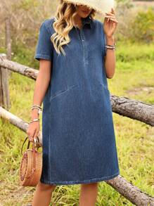 SHEIN LUNE Women Polo Collar Short Sleeve Pockets Straight Casual Denim Dress