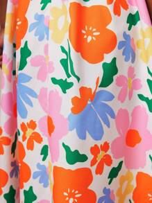SHEIN CutesyCutie Young Girl's Woven Ditsy Floral Round Neck Ruffle Hem Fitted Dress