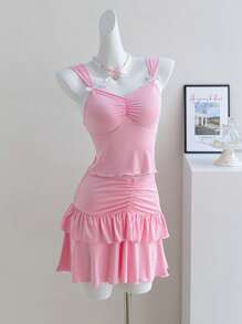 Váy mini màu hồng cho bé gái tuổi teen kèm quần short, bộ áo ba lỗ dệt kim dây nơ, phong cách ngọt ngào & Y2K - Hồng - Xem 10