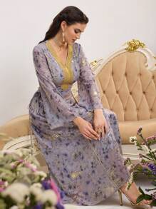 Al Najma Women Elegant Arabic Style Long Sleeve Gold Foil Pattern Patchwork Dress, Arabian Dresses