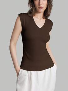 Ontre 2025 Women's Summer Solid Color Urban Chic Fashion Casual V-Neck Dolman Sleeve Knit Top, Soft & Comfortable Fabric, Suitable For Commuting, Office, Tea Party, Daily Wear, Business Casual,Knitted Sweater - Brown - View 6