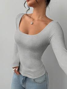 SHEIN BASICS Women's Casual Solid Color Knitted Fitted Long Sleeve Crew Neck Regular T-Shirt Playera Manga Larga Damawhite Top Long Sleevebasic Long Sleeve Tops - Light Grey - View 9