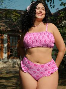 Swim Mod Plus Size Women 2pcs Random Floral Print Swimwear With Removable Straps And Ruffle Hem Bikini Set, Cute Beach Summer Vacation Outfit - Pink - View 6