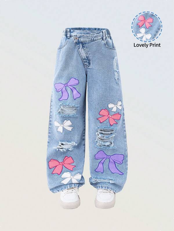 Denimly Tween Girls Casual Daily Urban Street Preppy Light Wash Casual Jeans With Cute Bow Print, Elastic Waist, Ripped Details, Wide Leg