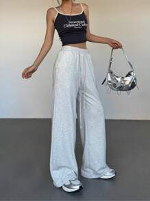 SHEIN EZwear Pantalones casuales largos con nudo delantero sencillo para mujer, casual de uso diario