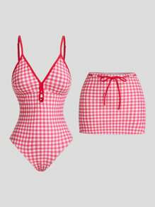 Sweetra Bộ đồ bơi liền thân kẻ caro phong cách cổ điển & váy che cho nữ, đồ bơi một mảnh đi nghỉ, đi biển mùa hè - Đỏ - Xem 1