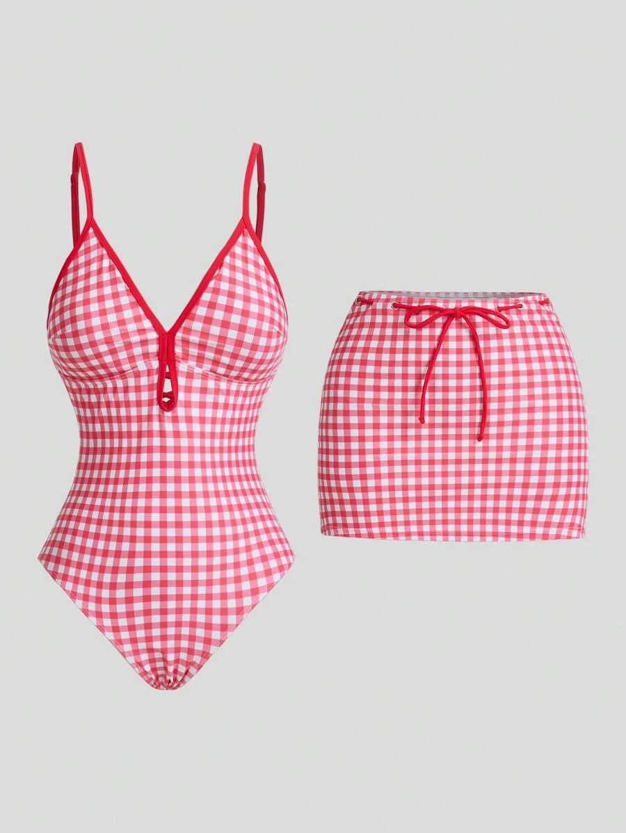 Sweetra Bộ đồ bơi liền thân kẻ caro phong cách cổ điển & váy che cho nữ, đồ bơi một mảnh đi nghỉ, đi biển mùa hè - Đỏ - Xem 1