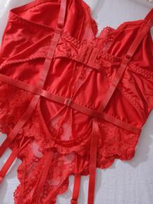 SHEIN 3pcs Curvy Floral Lace Satin Deep V-Neck Hollow Plus Size Sexy Lingerie, Red - Red - View 9