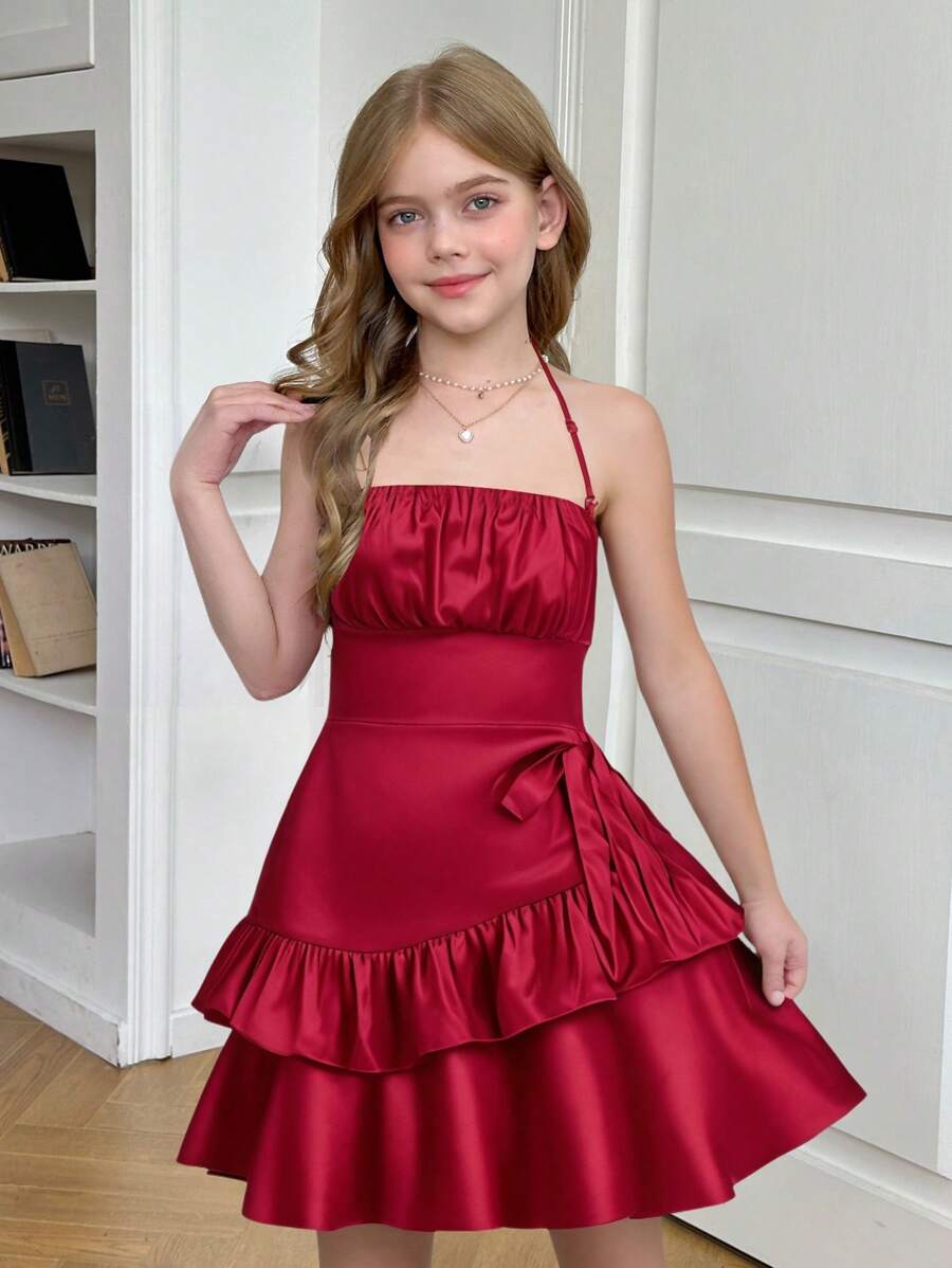 SHEIN Vestido rojo elegante de punto sin mangas con cuello de halter de doble capa para niñas preadolescentes, vestidos para vacaciones, bailes de graduación, vestidos de gala, vestidos de gala cortos para cumpleaños - Burdeos - Ver 1