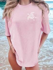 Flirla Plus-Size Women's Turtle Print Casual Crew Neck T-Shirt For Beach Vacations - Pink - View 3