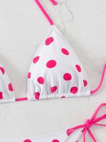 Swim Mod 2026 Spring/Summer Women's Spaghetti Strap Halter White Base Pink Polka Dot Random Print Sweet Cute Side Tie Bikini Two Pieces Swimsuit - White - View 6
