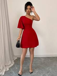 Elenzga Thời trang nữ gợi cảm màu trơn một bên vai tay loe ôm vừa vặn, thường ngày & hẹn hò ban đêm - Đỏ - Xem 6