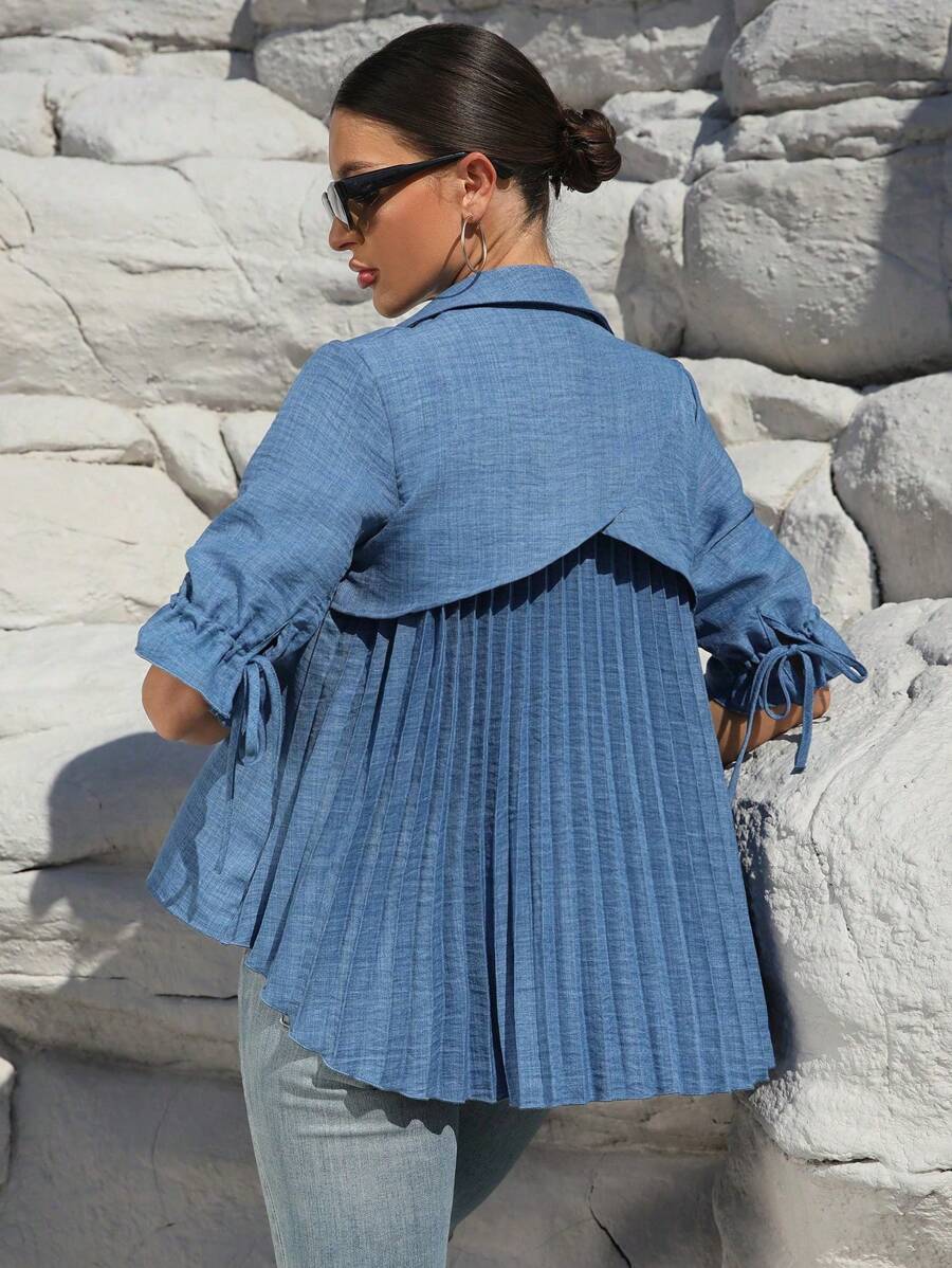SHEIN LUNE 女士编织休闲常规夏季衬衫 - 藍色 - 查看 1