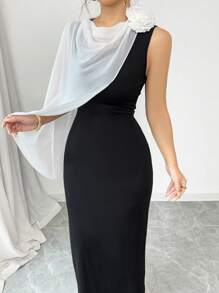 Elenzga Đầm dài in hoa có cổ khăn choàng - màu đen - Xem 7