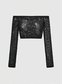 ROMWE Grunge Punk Grunge Cut-Off Off Shoulder Hollow-Out Knit Sweater