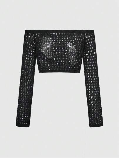 Grunge Punk Grunge Cut-Off Off Shoulder Hollow-Out Knit Sweater