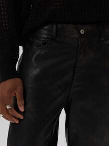 Musero Straight Leg PU Leather Button Fastening Washed Trouser Winter - Brown - View 3