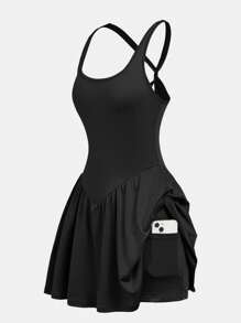 SHEIN Girlism Tween 女童休闲纯色交叉露背运动连衣裙 - 黑色 - 查看 3