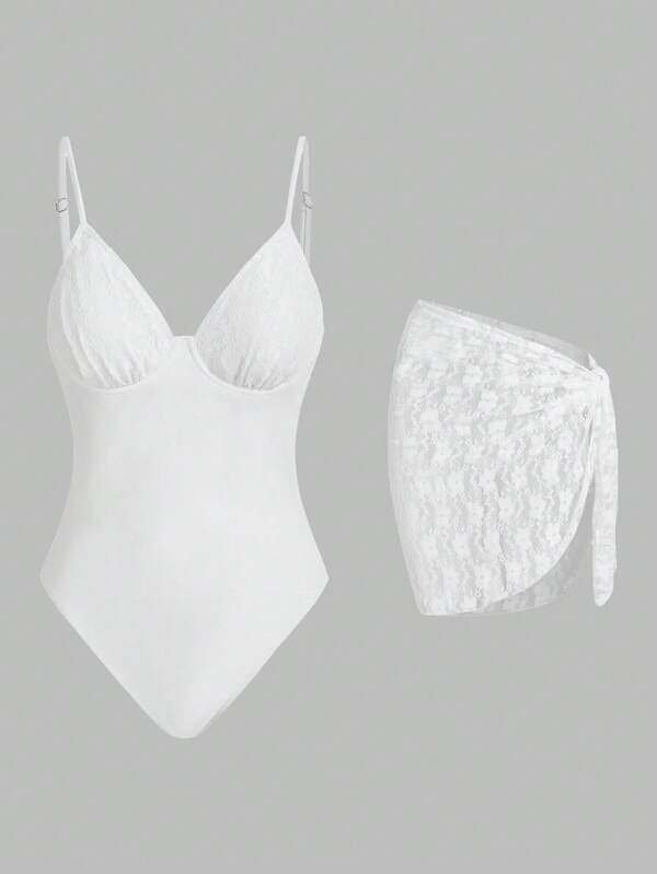 Swim Mod Women's Cute Elegant Lace One-Piece Swimsuit With Cover Up Skirt, For Summer Beach Vacation