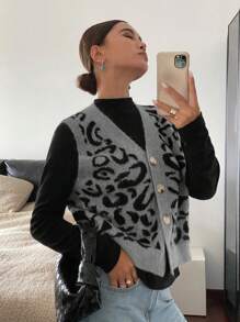 Siren Gaze Damska jednorzędowa kamizelka z dekoltem w serek i nadrukiem w panterkę, swobodna na jesień/zimę