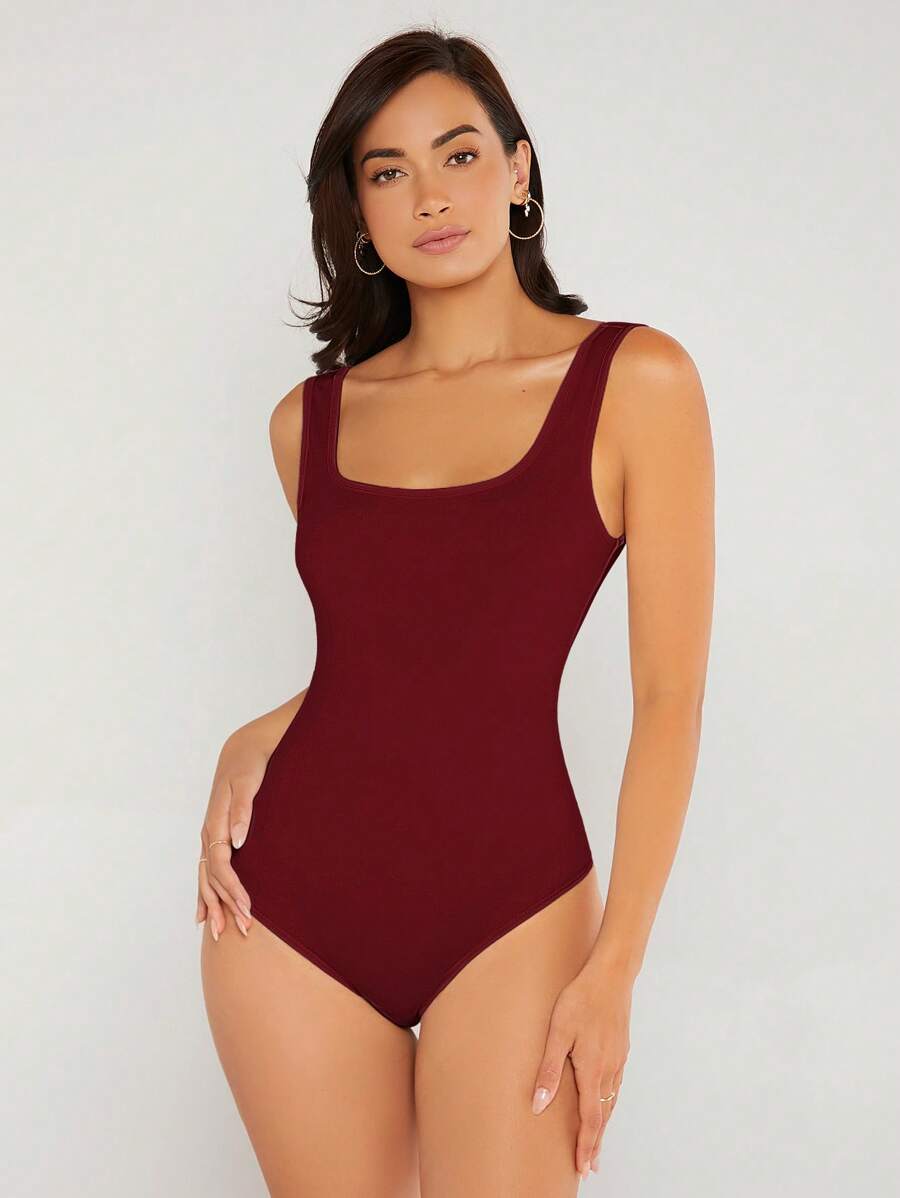 SHEIN BASICS 1件女款純色極簡基本款保守性感休閒日常連身衣 夏季女裝 日常白天穿搭 酒紅色 辦公室穿搭 - 酒紅色 - 查看 1