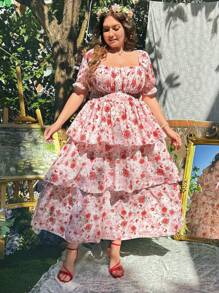 Lyrianda 大码波西米亚风方领松紧腰泡泡袖三层荷叶边下摆休闲连衣裙，适合夏季 - 彩色 - 查看 6