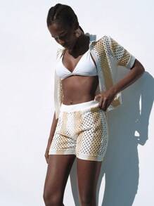 SHEIN Swim Conjunto de kimono con mangas cortas y diseño hueco, y shorts, en colores contrastantes, para vacaciones de verano y playa