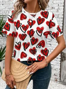 SHEIN LUNE Casual Heart Pattern Round Neck Short Sleeve Women T-Shirt, Suitable For Spring & Summer