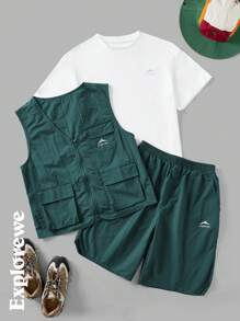 SHEIN Teen Boy Mountain Print Cargo Vest, Shorts And T-Shirt 3-Piece Set - Green - View 3