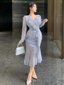 DAZY Women's V Neck Floral Mesh Lace Up Ruched Fishtail Midi Dress Prom Dress,Ruffle,Fall Dress - Blue - View 7