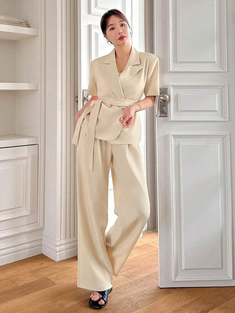 Solid Color Loose Short Sleeve Belted Suit Pants Women 2 Pieces Set Business Attire