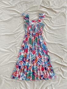 Soleia Summer Tropical Plant Floral Print Dress,Sun Dress - Green - View 2