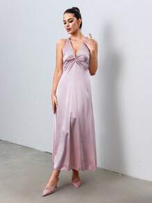 Calvaya Vestido de satén con escote en V y lazo en la parte trasera para mujeres