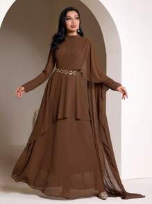 Veilorie Women's Solid Color Long Sleeve Ruffle Trim Pleated Elegant Dress Modest - Coffee - View 6