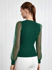 BizChic Summer New Women Crew Neck Metal Button Knit Top, Organza Sheer Green Blouse, Business Casual Daily Commute Wear, Elegant For Beach Holiday, Suitable For Wedding Guest, Country Music Festival, Brunch, Airport, 134S Old Money Stockholm Style, US Independence Day - Dark Green - View 2