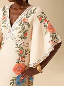 CAJUNI Women's Boho Elegant Floral Print Deep V-Neck Ruffle Sleeve Dress, Holiday & Casual Summer Dress - Multicolor - View 6