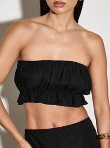 AiiRZ Conjunto de top corto tipo bandeau de lino y falda maxi de cintura alta - Conjunto elegante de coordinado para verano, vacaciones en la playa, fiestas y ocasiones especiales - Negro - Ver 4