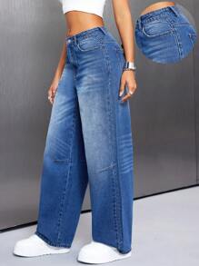 SHEIN ICON Women's Casual Washed Loose Straight Leg Jeans - Blue - View 1