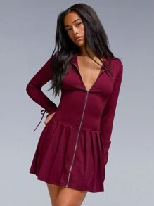 Athîral Đầm mini đơn sắc giản dị có khóa kéo phía trước, viền xếp ly cho nữ - Màu Đỏ Sâu - Xem 5