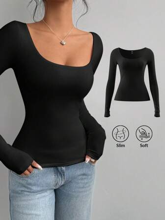 SHEIN BASICS Women's Casual Solid Color Knitted Fitted Long Sleeve Crew Neck Regular T-Shirt Playera Manga Larga Damawhite Top Long Sleevebasic Long Sleeve Tops