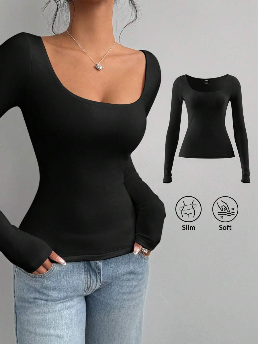 SHEIN BASICS Women's Casual Solid Color Knitted Fitted Long Sleeve Crew Neck Regular T-Shirt Playera Manga Larga Damawhite Top Long Sleevebasic Long Sleeve Tops - Black - View 1