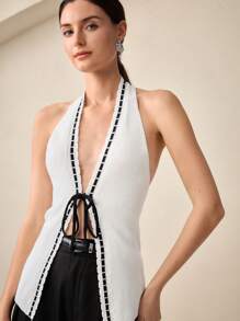 BizChic Women's Elegant Halter Neck Sleeveless Black Tie-Up Knit Vest Top, Spring & Summer