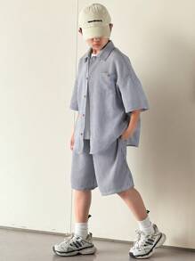 2 Pieces Set Of Tween Boys Casual Sport Shirts And Shorts For Boys, Featuring A Relaxed Fit, Texture Stripes, And A Turn-Up Collar, Is Suitable For Kids' Outfits, Toddler Boy Clothes, Back To School Boys Sets, Birthday Parties, Evening Events, Performances, Weddings, Baptisms, And School Commencements. It Is Suitable For Everyday Wear, School, Travel, Sports, And The Spring And Summer Seasons.