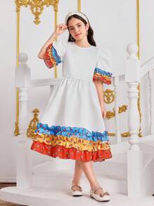 Tween Girl Plain Color Block Round Neck Short Sleeve Casual Dress - Multicolor - View 3