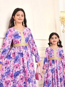 SHEIN Tween Girls Floral Print Gold Ribbon Flutter Sleeve Long Sleeve Dress - Purple - View 4