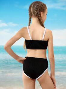 Tween Girl Colorblock Bikini Set With Cover-Up Skirt For Vacation - Black - View 4