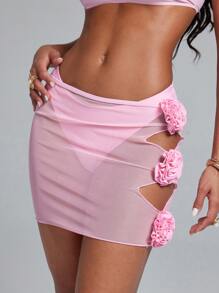 Swim EVENT 2 stuks Spring Break roze bloemen muziek festival casual strandvakantie cover-up jurk, mini rok badmode bikini broekje set voor vrouwen