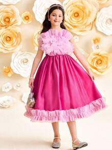 SHEIN Leap Crew Tween Girl Elegant Round Neck Sleeveless Ruffle Waist A-Line Midi Dress - Pink - View 1