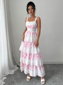 Elenzga 女士花卉印花分层荷叶边下摆无袖连衣裙