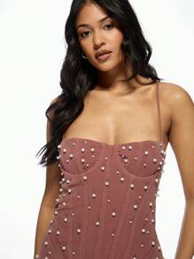 MISSGUIDED Pearl Embellished Mesh Corset Mini Dress Bodycon Party Evening Bustier Design Sweetheart Neckline Elegant Holiday New Year Club Dress - Pink - View 5